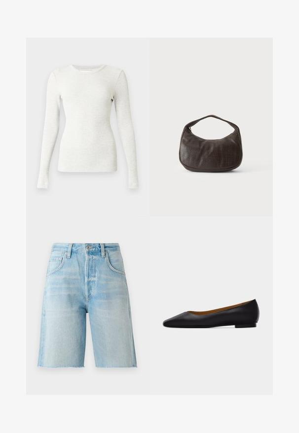 Langærmet, lysegrå ribbet trøje med rund halsudskæring og tætsiddende silhuet, lavet af blødt, elastisk stof. Ingen mønstre eller detaljer.; Lyseblå denimshorts med høj talje, fem lommer og rå kant. Blødt materiale og klassisk snit, velegnet til afslappet brug.; Sort læder flad sko med spids tå, lav hæl og glat finish, vist fra siden på en lysegrå baggrund.; Lille mørkebrun tekstureret håndtaske med kort rem og afrundet bund på en ensfarvet lys baggrund.