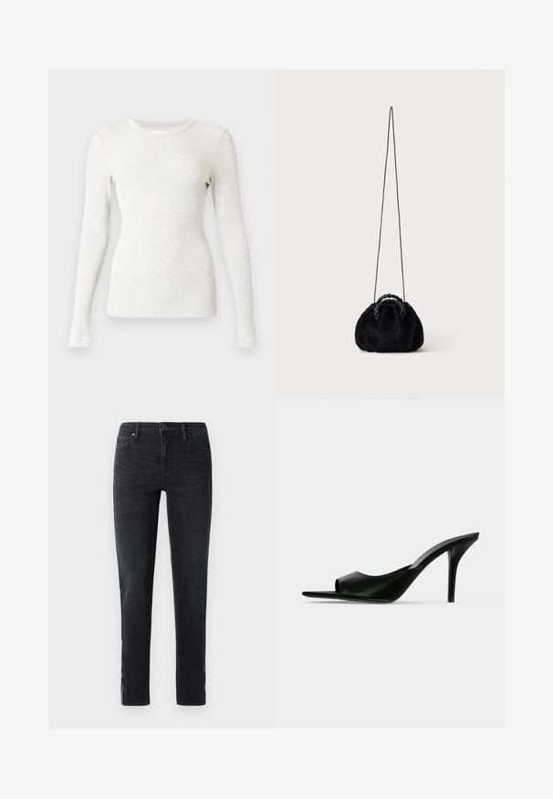 Langærmet, lysegrå ribbet trøje med rund halsudskæring og tætsiddende silhuet, lavet af blødt, elastisk stof. Ingen mønstre eller detaljer.; Sorte slim-fit jeans med frontknap, bæltestropper og subtile falmede detaljer langs siderne og forsiden af lårene.; Sort læder åben tå højhælet mule med en slank stilet hæl, vist i sideprofil på en ensfarvet baggrund.; Lille sort taske i kunstpels med flettede top-håndtag og lang tynd skulderrem på ensfarvet baggrund.