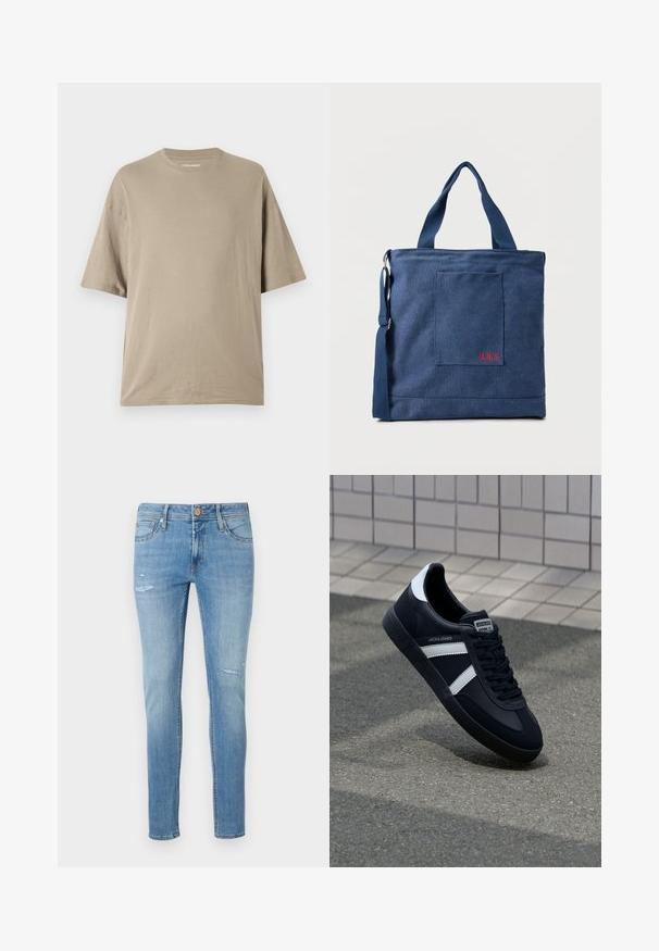 Beige kortærmet t-shirt lavet af blødt bomuld, med rund halsudskæring og afslappet pasform, glat tekstur og minimal detaljer.; Lys blå denimjeans med en slim fit, der har mindre slidte detaljer og en fem-pocket design, afsluttet med en standard knaplukning.; Sort lædersneaker med hvide striber, tekstureret gummisål og snørrebånd foran. Har et brandet mærke på tungen.; Blå lærredstote taske med frontlomme og rød "O.N.S" broderi, med to håndtag og en justerbar skulderrem.