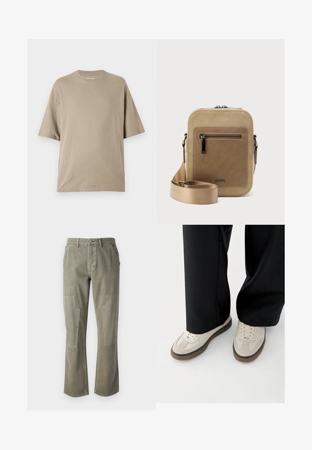 Beige kortærmet t-shirt lavet af blødt bomuld, med rund halsudskæring og afslappet pasform, glat tekstur og minimal detaljer.; Olivenfarvede bukser lavet af bomuld med lige ben-design, der har ribbede detaljer på påsatte lommer og kontrasterende syninger.; Fødder iført beige sneakers med brune såler og sorte bukser med vide ben på hvid baggrund.; Lille beige crossbody-taske med lynlåslomme foran, metal ALDO-logo, justerbar bred rem og rundet rektangulær form på hvid baggrund.