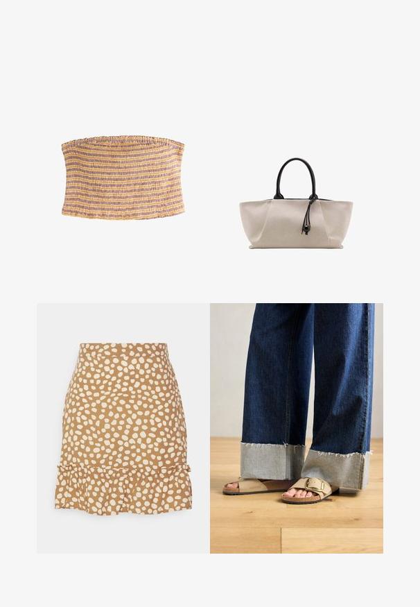 Stripet elastisk tube top med lilla og gule vandrette striber og et tekstureret, rynket stofmønster.; VILA Petite VICELINA MIDI SKIRT - A-snit nederdel - toasted coconut; Fødder iført beige Birkenstock-sandaler med guldspænder, parret med mørkeblå denimjeans, der er rullet op ved manchetten, stående på trægulv.; Beige stoftaske med blød struktur, sorte afrundede håndtag og et sort snor med perle detaljer hængende nær håndtagene.