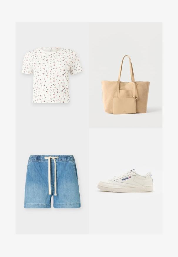 Haut court blanc à manches courtes côtelé avec un petit imprimé floral rose dispersé uniformément sur le tissu.; Short en denim bleu clair avec taille élastique et cordon blanc, poches avant et ourlet droit.; Baskets blanches en cuir avec une semelle en caoutchouc texturée, bout arrondi et logo Reebok en bleu. Design minimaliste avec des accents cousus.; Sac fourre-tout en daim beige avec de longues poignées et une pochette assortie à fermeture éclair attachée, sur un fond blanc uni.