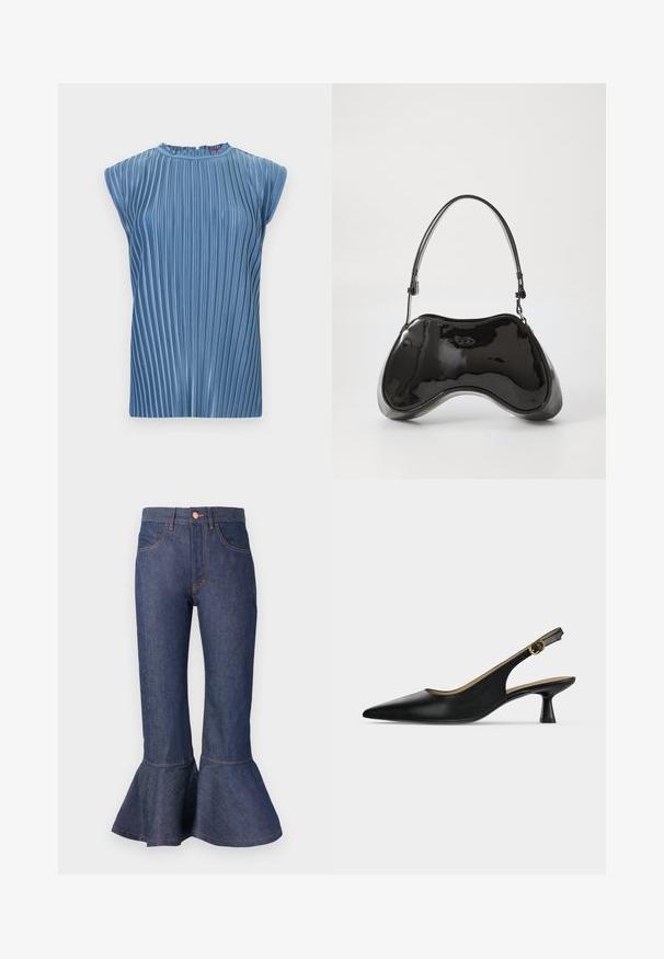 Top azul sin mangas con pliegues verticales y cuello redondo alto sobre un fondo blanco liso.; Jeans de mezclilla azul oscuro de pierna acampanada con un dobladillo con volantes, cinco bolsillos y costuras de contraste en color naranja. Cintura de altura media con cierre de botón en el frente.; Zapato slingback negro de punta afilada, tacón bajo, correa con hebilla dorada y tacón acampanado, mostrado sobre un fondo claro y liso.; Bolso de mano de piel sintética negra con un diseño curvado único, asas cortas y ajustables, y abertura con cremallera en la parte superior. Textura suave con una sutil marca.