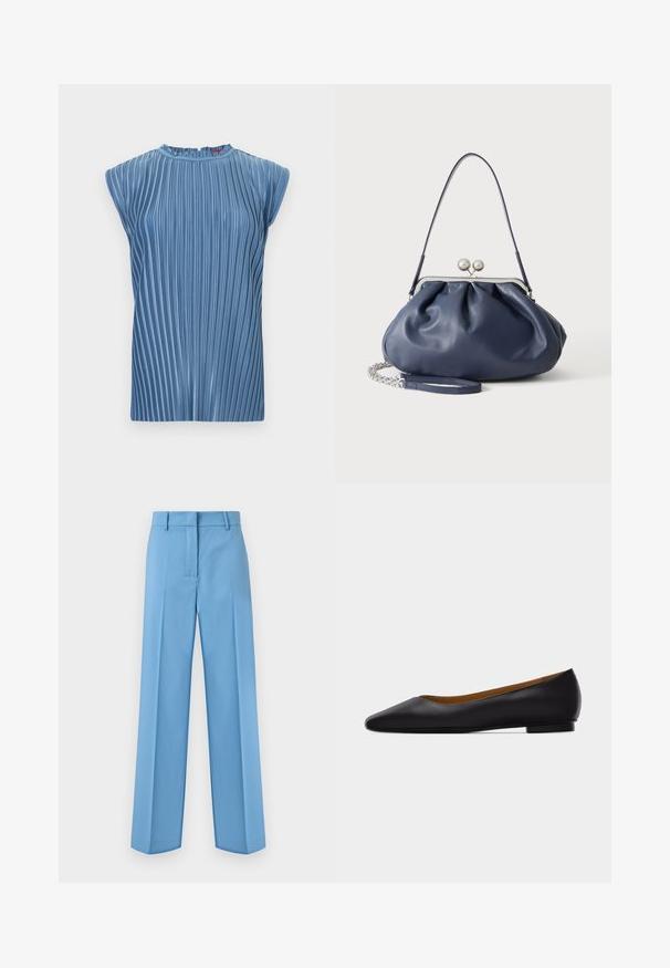 Haut bleu sans manches avec plis verticaux et col rond haut sur un fond blanc uni.; Pantalon droit bleu clair ajusté avec passants pour ceinture et fermeture éclair à l'avant, présenté sur un fond blanc.; Chaussure plate en cuir noir à bout pointu avec talon bas et finition lisse, vue de côté sur un fond gris clair.; Sac à main en cuir bleu marine doux avec fermeture à boucle argentée, une seule bandoulière, et une chaîne de poignet amovible sur fond blanc.