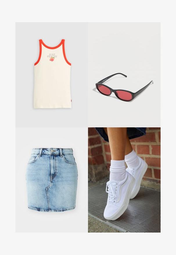 Crèmekleurige tanktop met oranje bies, met tekst "JUST PEACHY" en een kleine perzikafbeelding onder de tekst op het borstgebied.; Lichtblauwe denimrok met een aansluitende pasvorm, vijf zakken, een knoop- en ritssluiting en gestikte details langs de zoom.; Witte canvas sneakers met rubberen zolen, voorzien van zes vetertjes, een ronde neus en lichte stikdetails, gecombineerd met witte enkelsokken.; Zwarte ovale zonnebril met slanke pootjes en rood getinte glazen, rustend op een witte ondergrond.
