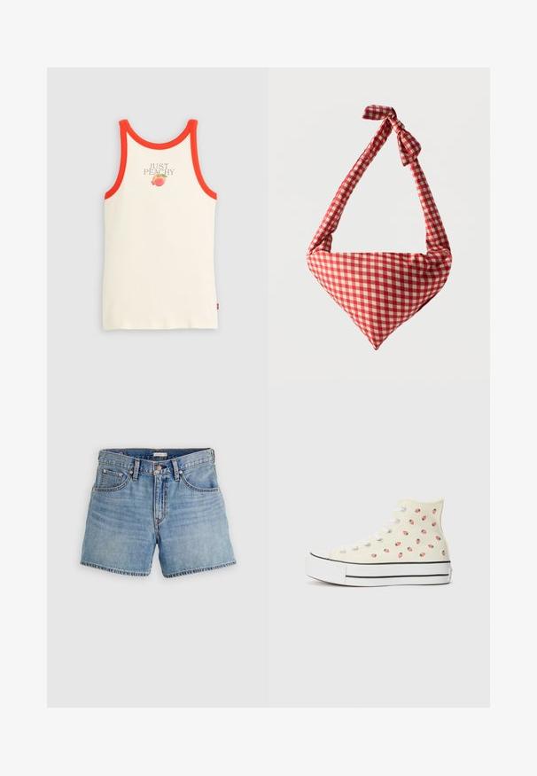 Débardeur crème avec bordure orange, avec le texte "JUST PEACHY" et un petit graphique de pêche sous le texte au niveau de la poitrine.; Shorts en denim bleu clair, taille haute, avec cinq poches, une braguette zippée et un ourlet brut. Coutures classiques et texture légèrement délavée.; Des baskets montantes en toile jaune, ornées d'un motif de petites fraises rouges, avec des lacets blancs et une semelle blanche rayée de noir.; Sac d'épaule en tissu doux à motif à carreaux rouges et blancs, poignée nouée et forme triangulaire sur un fond uni.