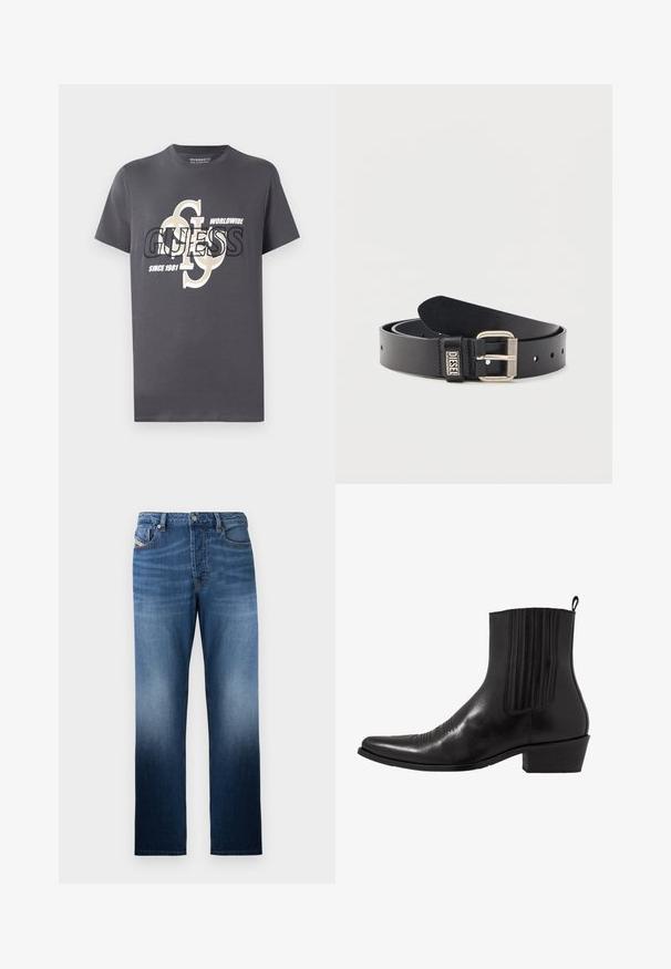 Graues Baumwoll-T-Shirt mit kurzen Ärmeln, das einen großen Grafikdruck in Schwarz und Beige zeigt, einschließlich des Textes "GUESS", "WORLDWIDE" und "SINCE 1981."; Dunkelblaue Jeans aus Denim mit geradem Bein und einem ausgewaschenen Effekt. Enthält einen Frontknopfverschluss und Taschen.; Schwarze Leder- ankle boot mit spitzem Zehenbereich, elastischen Seitenpaneelen, vertikalen Steppnähten und einem niedrigen Blockabsatz.; Schwarzer Ledergürtel mit silberner Metallschnalle und "DIESEL"-Logo an der Gürtelschlaufe, auf einfarbigem hellem Hintergrund präsentiert.