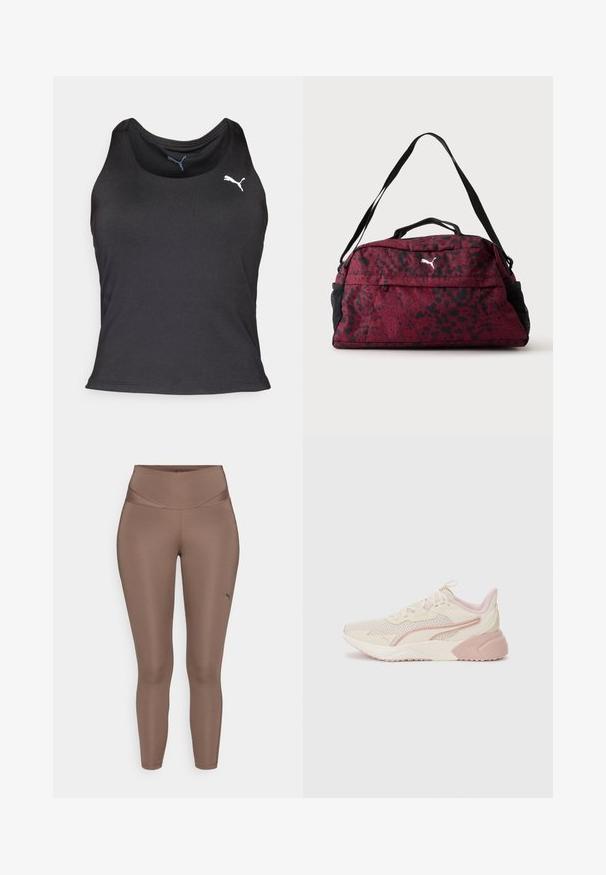 Débardeur de sport noir, sans manches, en tissu lisse, avec un col arrondi, arborant un petit logo Puma blanc sur la poitrine gauche.; Leggings de sport marron en tissu lisse et extensible avec une taille haute. Présente un petit logo noir au bas de la jambe gauche.; Baskets légères avec un design beige et rose pâle, tige en maille, semelle rembourrée et accents de logo discrets sur le côté.; Sac de sport rouge et noir à pois avec poche zippée à l'avant, poches latérales en mesh noir, double poignées et bandoulière réglable.