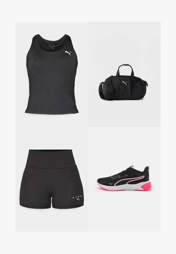 Schwarzes sportliches Tanktop, ärmelloses Design, glattes Material, runder Halsausschnitt, mit kleinem weißen Puma-Logo auf der linken Brustseite.; Schwarze Sportshorts aus dehnbarem Material. Hohe Taille mit weißem "HYROX"-Text und Logo auf der linken unteren Seite. Glatte Textur.; Schwarze Sportschuhe mit Netz-Obermaterial, pinken Akzenten, weißer Zwischensohle und markantem Logo. Sie verfügen über ein leichtes Design und eine strukturierte Außensohle.; Schwarze, strukturierte Umhängetasche mit oberen Griffen, breitem, verstellbarem Schulterriemen und kleinem goldfarbenem Puma-Logo mittig auf der Vorderseite.