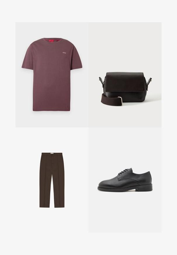 Burgundy T-shirt med korte ærmer, lille "HUGO"-logo på venstre bryst og rød indvendig nakkeetiket.; Brune skræddersyede bukser med lige ben, bæltestropper, forlommer, knaplukning foran og lynlås.; Sort læder oxford sko med en rund tå, der har en glat overflade, fem huller til snørebånd og en lav stablet hæl.; Mørkebrun lædertaske med flaplukning og justerbar stofrem på hvid baggrund.