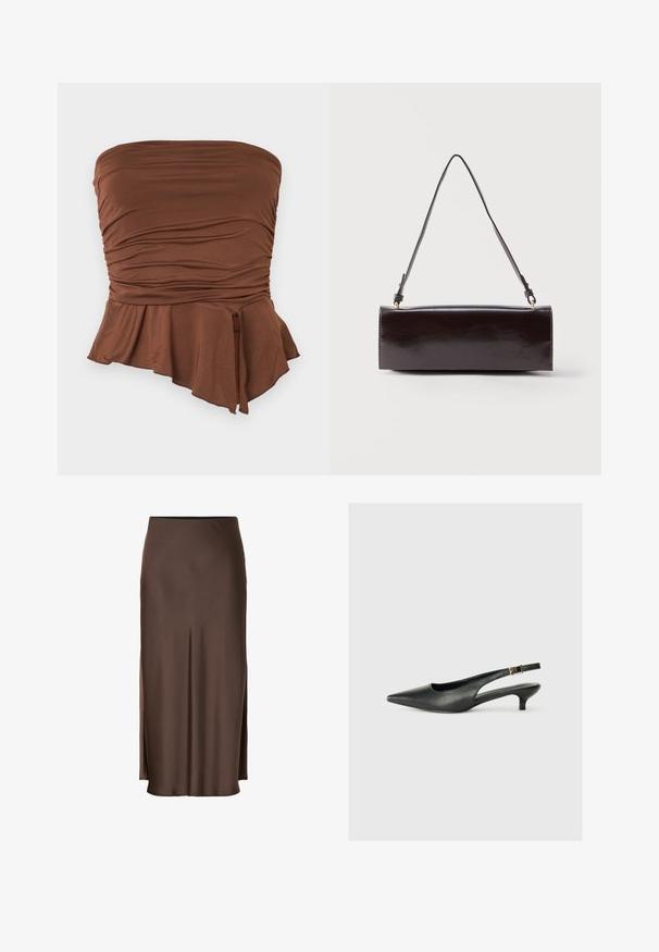 Braunes trägerloses Oberteil mit gerafften Details und einem asymmetrischen Peplum-Saum, der eine taillierte Silhouette und eine weiche Textur schafft.; Brauer Satinrock mit geradem Schnitt, der seitliche Schlitze für Bewegungsfreiheit und eine glatte Textur im gesamten Stoff bietet.; Schwarzer Slingback-Schuh mit spitzem Zehenbereich aus glattem Leder. Mit einem dünnen Absatz und einer dekorativen Schnalle am verstellbaren Riemen.; Rechteckige schwarze Ledertasche mit einem einzelnen langen Riemen und glänzendem Finish, vor einem schlichten weißen Hintergrund präsentiert.