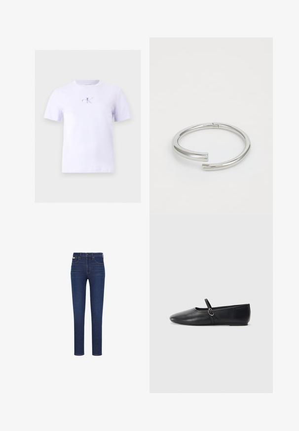 Camiseta blanca de manga corta con cuello redondo y logo "CK Calvin Klein Jeans" centrado en gris claro en el pecho.; Vaqueros azul oscuro hechos de denim, con ajuste slim, diseño de cinco bolsillos, cierre frontal con botones y costuras naranjas sutiles.; Bailarinas de cuero negro con punta afilada, suela plana y una pequeña correa con detalle de hebilla plateada.; Calvin Klein SPIRAL - Pulsera - silver-coloured