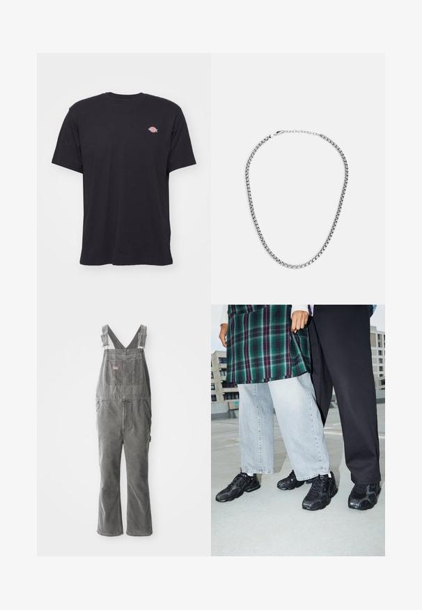 Camiseta negra de manga corta y cuello redondo con un pequeño logo colorido de Dickies en el lado izquierdo del pecho sobre un fondo liso.; Pantalones de mezclilla gris con tirantes ajustables, bolsillo en el pecho delantero, bolsillos laterales y piernas acampanadas. Tela resistente y corte relajado para mayor comodidad.; Zapatillas deportivas negras con acentos de malla y goma. Combinadas con jeans de pierna ancha de color gris claro y una blusa de cuadros verdes. Fondo de superficie plana.; Fossil JEWELRY NECKLACE - Collar - silver-coloured