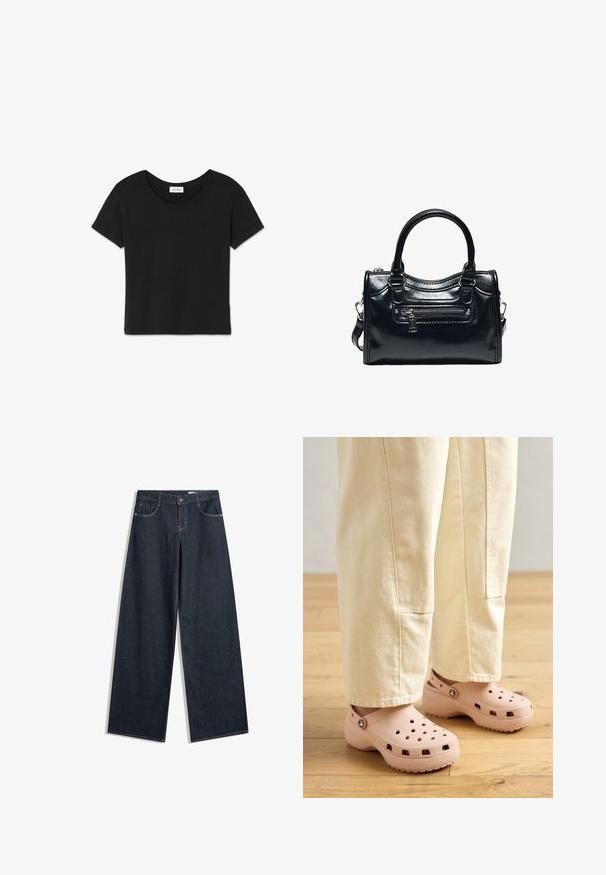 Schwarzes Baumwoll-T-Shirt mit rundem Halsausschnitt, kurzen Ärmeln und geradem Saum. Weiche Textur mit minimalen Nähten und einem kleinen Markenetikett innen.; Dunkelblaue Jeans mit weitem Bein, Frontknöpfen, Reißverschluss, Gürtelschlaufen und fünf Taschen auf weißem Hintergrund.; Helle rosa Clogs aus Gummi, mit Belüftungslöchern, einer konturierten Form und einer strukturierten Sohle für Halt. Getragen mit hellbeigen Hosen.; Schwarze glänzende Lederhandtasche mit zwei Griffen, vorderer Reißverschlusstasche und abnehmbarem Schulterriemen auf weißem Hintergrund.