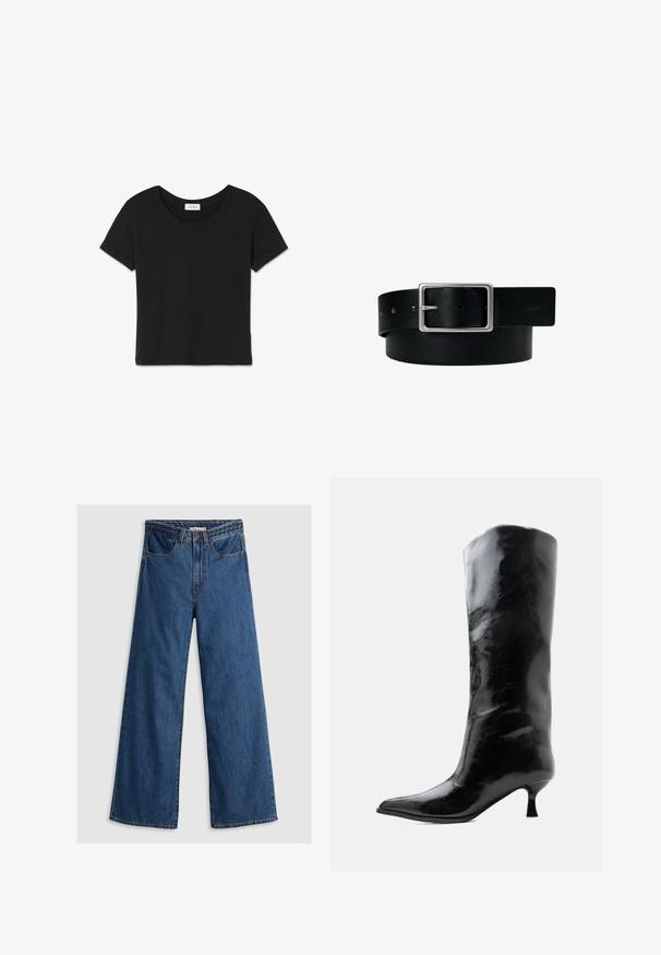 Zwarte katoenen T-shirt met ronde hals, korte mouwen en een rechte zoom. Zachte textuur met minimale naden en een klein merklabel aan de binnenkant.; Wijde blauwe denim jeans met een hoge taille, voorzien van een klassiek vijf-pocket ontwerp en een gestructureerde tailleband.; Zwarte glanzende kniehoge leren laars met puntige neus en lage gebogen hak op een effen lichte achtergrond.; Zwarte leren riem met zilveren rechthoekige gesp en meerdere verstelgaten, plat gelegd op een witte achtergrond.