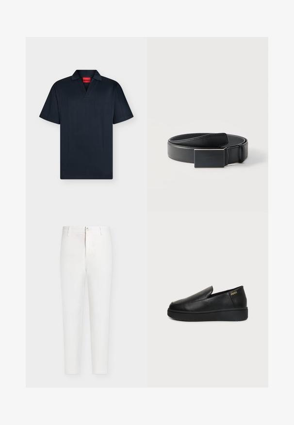 Polo noir à manches courtes avec col en V et col, avec une étiquette rouge portant la mention "HUGO" à l'intérieur de l'encolure.; Pantalon blanc taille haute à jambes droites avec passants de ceinture, fermeture par bouton et braguette zippée sur un fond uni gris clair.; Chaussure noire en cuir à enfiler avec semelle épaisse et petits trous de ventilation latéraux, avec un logo doré "HUGO" près du talon.; Ceinture en cuir noir enroulée avec une boucle noire mate rectangulaire et un logo embossé discret sur fond blanc.
