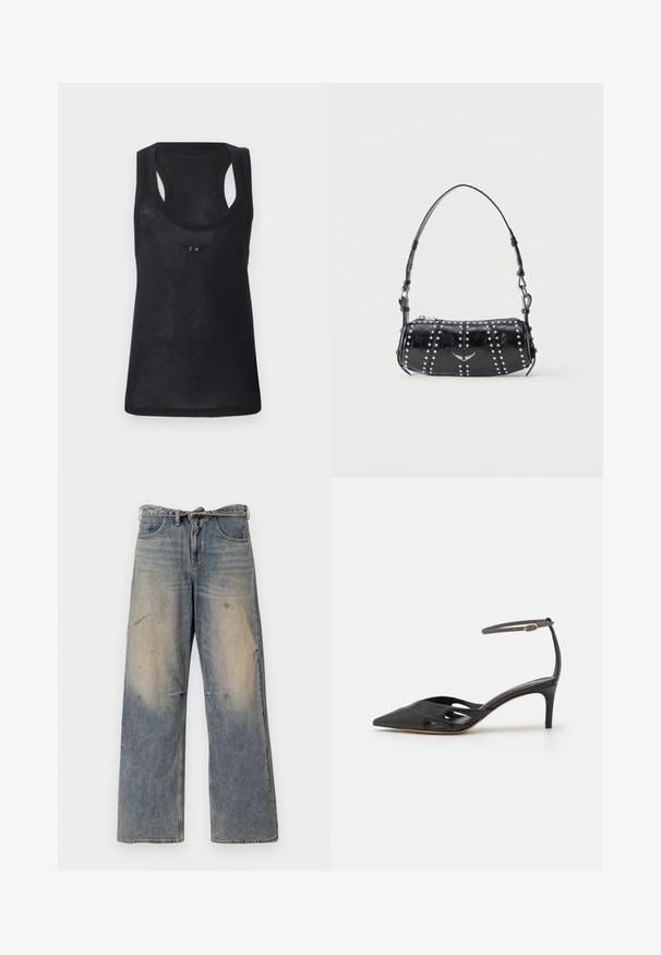 Sort ærmeløs tanktop med racerback og et lille rhinstenmotiv placeret centreret under halsudskæringen.; Lysblå denimjeans med et løst, lige ben-design. Har slidte, falmede og beskadigede detaljer nær knæene. Klassisk fem-lomme stil.; Sort læder højhælet sko med spids tå, åbne sider og en tynd ankelrem med en lille guld detalje.; Sort skuldertaske i laklæder med sølvnitter i lodrette rækker og et lille sølvfugleemblem midt på fronten.