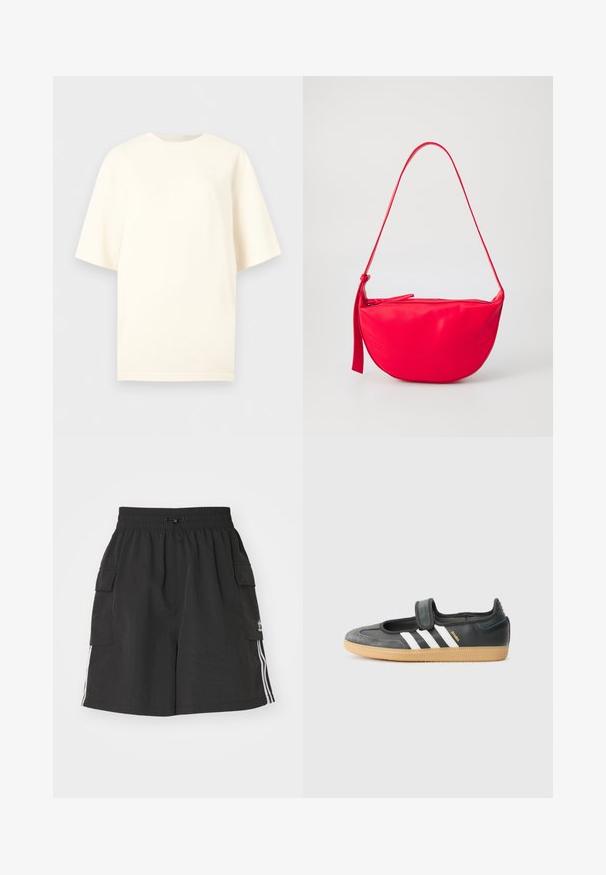 Enkel oversized t-shirt i off-white med korte ærmer, rund halsudskæring og minimal synlig branding på den øverste del af brystet.; Sorte cargo shorts lavet af letvægtsmateriale, med elastisk talje, snor lukning, sidelommer og hvide sidelister.; Sort læder- og ruskinds sneakers med en Velcro-rem, der har tre hvide striber og en gummisål, mærket "SAMBA" på siden.; Rød læder skuldertaske med en buet form, en lynlåslukning og en tynd justerbar rem. Glat tekstur med syningsdetaljer.