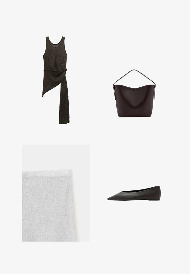 Robe en tricot asymétrique sans manches de couleur marron foncé, avec un détail de taille torsadée et une longue extension de tissu suspendue d'un côté.; Gros plan d'un tissu tricoté blanc montrant des points fins et réguliers ainsi qu'un bord ourlé sur un fond clair uni.; Chaussure plate noire à bout pointu avec un talon bas et une tige en cuir lisse, présentée de profil sur un fond blanc.; Sac à bandoulière en cuir marron foncé avec une seule sangle et un petit bouton doré au centre devant.