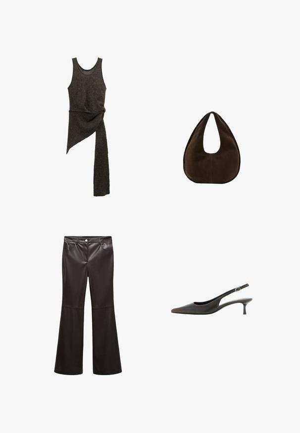 Robe en tricot asymétrique sans manches de couleur marron foncé, avec un détail de taille torsadée et une longue extension de tissu suspendue d'un côté.; Pantalons évasés noirs en faux cuir lisse, dotés de poches avant, d'une fermeture éclair et d'un bouton argenté. Détails de couture accentués.; Chaussure slingback en cuir noir à bout pointu, petit talon kitten et petite bride réglable avec boucle.; Sac à main en daim marron foncé en forme de croissant avec une seule sangle large et une texture lisse sur fond blanc.