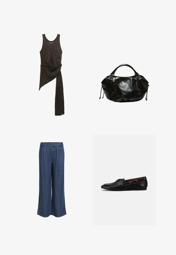 Robe en tricot asymétrique sans manches de couleur marron foncé, avec un détail de taille torsadée et une longue extension de tissu suspendue d'un côté.; Pantalon en denim bleu foncé à jambe droite avec une taille élastique et des passants de ceinture, sans poches visibles, présenté sur un fond blanc.; Chaussure bateau en cuir noir avec bout arrondi, design à lacets et œillets argentés. Présente une texture lisse et une semelle en caoutchouc profilée basse.; Sac à main en cuir noir souple de forme arrondie, avec double poignée et détails à cordon de serrage de chaque côté sur fond blanc.