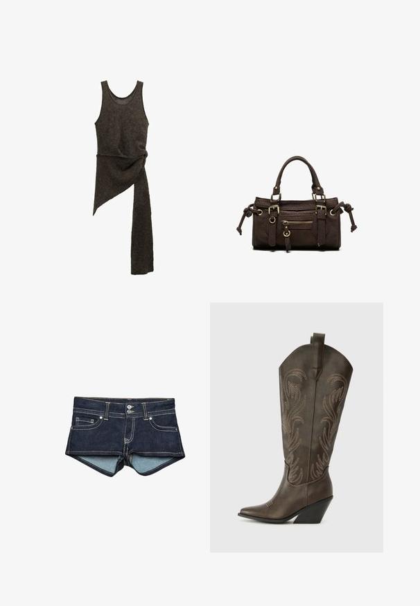 Robe en tricot asymétrique sans manches de couleur marron foncé, avec un détail de taille torsadée et une longue extension de tissu suspendue d'un côté.; Shorts en jean bleu foncé avec une doublure intérieure bleu clair, présentant des poches avant, deux boutons et une couture contrastée au niveau de la taille.; Botte de cowboy en cuir marron avec un embout pointu, un talon compensé et des broderies décoratives. Dispose d'un long tige et d'une languette de tirage.; Sac à main en cuir marron foncé avec double poignée, poche avant zippée, boucles décoratives et nœuds latéraux sur fond blanc.