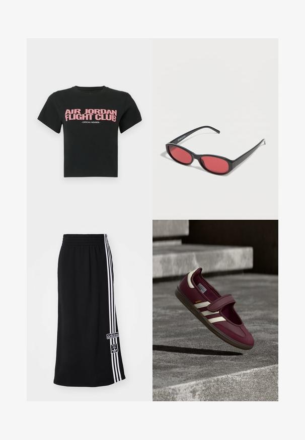 Sort cropped t-shirt med lyserødt tekst "AIR JORDAN FLIGHT CLUB" og mindre hvid tekst "OFFICIAL MEMBER" centreret på fronten.; Sort atletisk nederdel med elastisk talje, prydet med tre hvide striber langs den ene side og et Adidas-logo. Glat stoftekstur.; Vinrød sportssko med en rem, hvide sidelister, tekstureret gummisål og et glat øverste materiale. Justerbar pasform med polstret inderside.; Sorte ovale solbriller med tynde arme og rødtonede linser, der ligger på en hvid overflade.