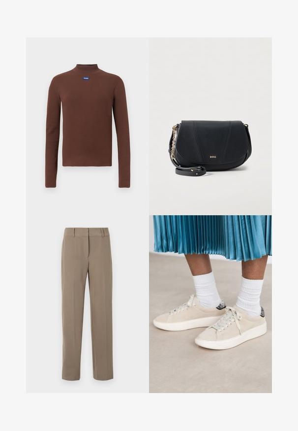 Top marrón de manga larga con cuello alto, fabricado en tejido acanalado. Presenta un parche con el logo azul en el pecho. Diseño sencillo con silueta ajustada.; Pantalones caqui de pierna recta con trabillas para cinturón y cierre frontal de cremallera sobre fondo blanco.; Zapatillas de gamuza beige con una suela de goma blanca y un diseño de cordones. Acabadas con una lengüeta trasera negra texturizada. Llevadas con calcetines blancos de canalé.; Bolso bandolera de cuero negro con detalle de cadena dorada y logotipo "BOSS" grabado en la solapa central delantera.