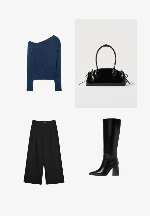 Donkerblauwe top met lange mouwen en een asymmetrische halslijn. Gemaakt van zacht, lichtgewicht stof, met een comfortabele pasvorm en een gladde textuur.; Zwarte wijde broek met cropped pijpen, voorvouwen, riemlussen en een knoopsluiting in de taille.; Zwarte leren laarzen tot de knie met een spitse neus, een gladde textuur en een chunky gegroefde hak voor stabiliteit. Strak ontwerp met minimale accenten.; Kleine zwarte glanzende handtas met twee lange hengsels en zijkant trekkoord details op een effen lichte achtergrond.
