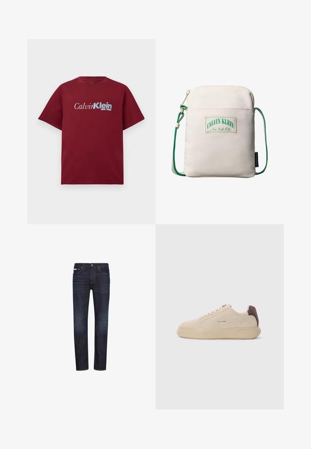 Burgundia lühikeste varrukatega t-särk, millel on rinnal valge ja helesinine "Calvin Klein New York" logo.; Tumesinised teksapüksid sirgete säärtega, viie taskuga, tõmblukuga ja oranži õmblusega. Sile tekstuur, klassikaline disain.; Beige nabukist kingad ümmarguse nina, paeltega esiosas ja pruuni nabukist aktsendiga kanna osas. Omab tekstuuriga kummist tallat.; Väike beež õlakott rohelist reguleeritavat nööri rihmaga, esiküljel luku- tasku ja Calvin Kleini New York City logo plaastriga.
