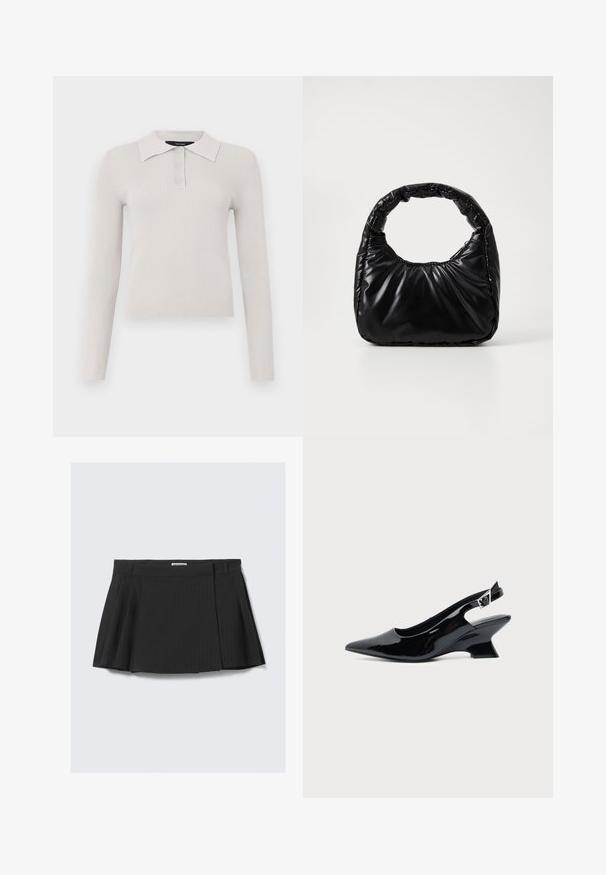 Polo à manches longues gris clair avec une texture côtelée, patte de boutonnage à deux boutons et col classique. Tissu doux avec une coupe ajustée.; Jupe noire plissée avec un motif à rayures, fabriquée en tissu texturé avec une taille, conçue pour un look ajusté.; Chaussure slingback en cuir verni noir avec bout pointu et petit talon bloc incliné sur fond clair uni.; Sac à main noir rembourré avec une poignée arrondie, présentant une surface lisse et brillante ainsi qu'une texture douce et matelassée. Pas de quincaillerie ou d'accents visibles.