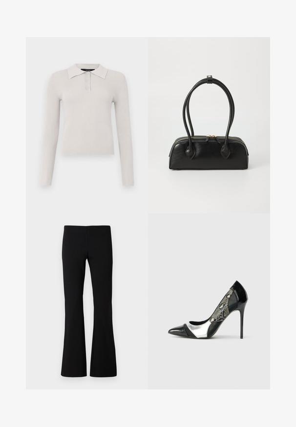 Polo à manches longues gris clair avec une texture côtelée, patte de boutonnage à deux boutons et col classique. Tissu doux avec une coupe ajustée.; Pantalon noir évasé en tissu extensible. Texture lisse avec une taille ajustée et des jambes évasées. Aucun motif ou ornement visible.; Pompe à talon aiguille noire et argentée avec un bout pointu, dotée d'un panneau latéral en maille avec un motif serpent et un talon effilé élégant.; Sac à main en cuir noir avec deux anses allongées, fermeture éclair et forme arrondie ; texture lisse avec une finition légèrement brillante.