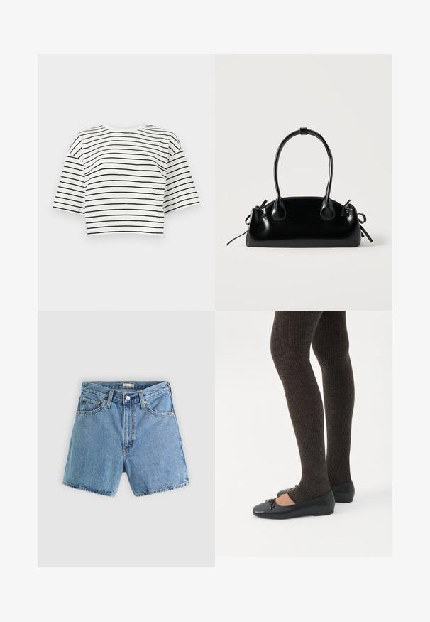 Witte cropped T-shirt met zwarte horizontale strepen en korte brede mouwen op een effen lichte achtergrond.; Lichtblauwe denimshort met voorste knoop en ritssluiting, riemlussen en een ontwerp met vijf zakken tegen een effen achtergrond.; Benen met donkere geribbelde leggings gecombineerd met zwarte ballerina's met kleine strikdetails op een witte achtergrond.; Kleine zwarte glanzende handtas met twee lange hengsels en zijkant trekkoord details op een effen lichte achtergrond.
