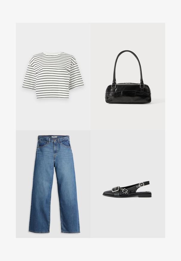 Witte cropped T-shirt met zwarte horizontale strepen en korte brede mouwen op een effen lichte achtergrond.; Blauwe denim wijdvallende jeans met hoge taille, voorzien van vijf zakken, contrasterende stiksels en een ritssluiting.; Zwart leren slingback schoen met een spitse neus, twee zilveren gespen en een lage blokhak. Bevat een gemêleerde bovenkant en een open achterkant.; Zwarte leren handtas met een rechthoekige vorm, voorzien van een enkele gestructureerde handgreep, zilveren hardware en ritsluiting. Gladde textuur.