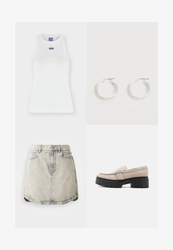 Witte aangesloten mouwloze tanktop met ronde hals en klein blauw HUGO-logo label op de borst en binnen in de kraag.; Denim rok in lichtgrijs met een vervaagde textuur, voorzien van een knoopsluiting in de taille, voorzakken en een licht gebogen zoom.; Beige suède loafer met zilveren gesp en dikke zwarte chunkysouw, zijaanzicht op witte achtergrond.; Een paar middelgrote glanzende zilveren oorringen met dunne metalen sluitingen op een lichte neutrale achtergrond.