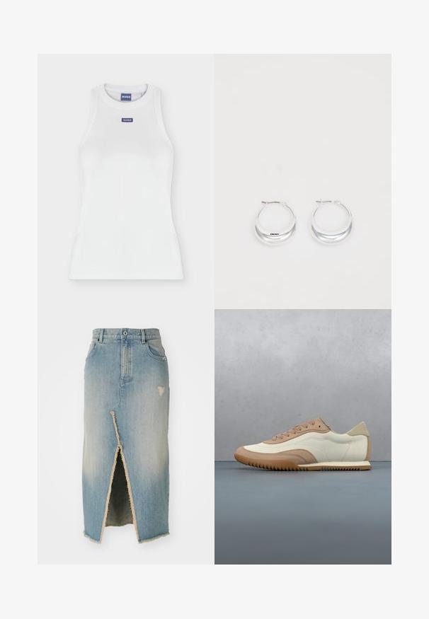Débardeur blanc ajusté sans manches avec col rond et petite étiquette bleue HUGO sur la poitrine et à l’intérieur du col.; Jupe en denim, bleu clair, mi-longue avec un ourlet effiloché. Présente une fente à l'avant et des détails déchirés près de la taille et de l'ourlet.; Baskets crème et beige avec une tige texturée, des lacets et une semelle en caoutchouc, présentées au-dessus d'une surface en bois avec des cailloux.; Boucles d'oreilles en argent avec une finition polie et un branding DKNY, présentées sur un fond blanc uni.