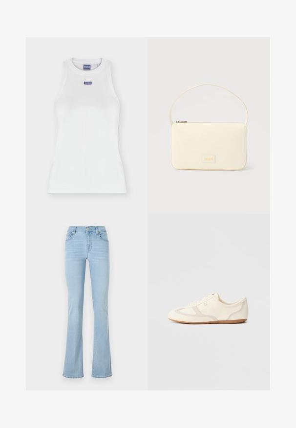 Débardeur blanc ajusté sans manches avec col rond et petite étiquette bleue HUGO sur la poitrine et à l’intérieur du col.; Jeans évasés bleu clair en denim, présentant une taille haute, cinq poches, un bouton à l'avant et des détails de couture minimaux.; Baskets couleur crème avec une tige en daim et tissu, un bout arrondi, et une semelle en caoutchouc avec un détail accent beige. Fermeture à lacets.; Sac à main rectangulaire de couleur crème avec une seule sangle et une fermeture éclair sur le dessus, comportant une petite plaque de logo embossé à l'avant.