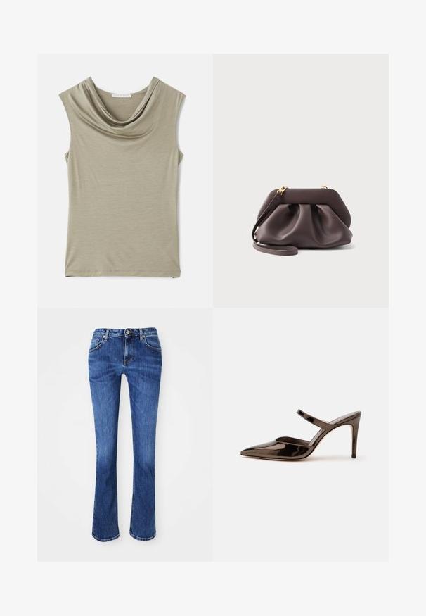 Ärmelloses Top mit Kapuzenkragen aus leicht beigem Stoff. Weiche Textur, figurbetontes Design, mit sanften Drapierungen am Halsausschnitt und geradem Saum.; Jeans aus Denim in Blau, mit geradem Schnitt, Fünf-Taschen-Design, Messingknopfverschluss und subtiler Ausbleichung für Textur.; Glänzender dunkelbrauner Mule mit spitzer Spitze und hohem Absatz mit schmalem Riemen über dem Spann vor weißem, einfachem Hintergrund.; Dunkelbraune weiche Leder-Clutch mit goldfarbenen Beschlägen und abnehmbarem Riemen, mit einem gerafften, drapierten Design vor einfarbigem Hintergrund.
