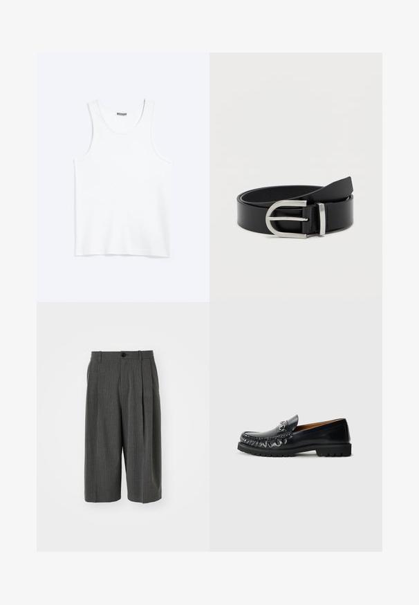 Weißes ärmelloses Tanktop mit rundem Ausschnitt und Weekday-Markenetikett auf der Innenseite des hinteren Kragens, flach auf hellem Hintergrund dargestellt.; Graue, gestreifte, weitgeschnittene Shorts mit einem Knopfverschluss und plissiertem Vorderteil. Aus einem strukturierten Stoff gefertigt und mit einem maßgeschneiderten Design.; Schwarze Lederloafers mit abgerundetem Zeh, dekorativen Nähten und einem metallischen Akzent an der Vorderseite; Gummisohle mit rutschfestem Muster.; Schwarzer Leder-Gürtel mit einer glatten Oberfläche, ausgestattet mit einer silbernen Metallschnalle und einer klassischen rechteckigen Form.