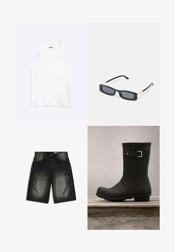 Weißes ärmelloses Tanktop mit rundem Ausschnitt und Weekday-Markenetikett auf der Innenseite des hinteren Kragens, flach auf hellem Hintergrund dargestellt.; Schwarze Jeansshorts mit verblasstem Farbverlauf, ausgefransten abstrakten Mustern an den Oberschenkeln, vorderen Taschen, Gürtelschlaufen und einem Knopfverschluss.; Schwarze Gummiregenstiefel mit niedrigem Absatz, runder Spitze und einem silbernen Schnallenakzent. Verfügt über eine strukturierte Sohle für besseren Halt.; Rechteckige schwarze Sonnenbrille mit dunklen Gläsern. Schmale, flache Bügel mit einem goldenen Akzent. Glatter Kunststoffrahmen mit matter Oberfläche.