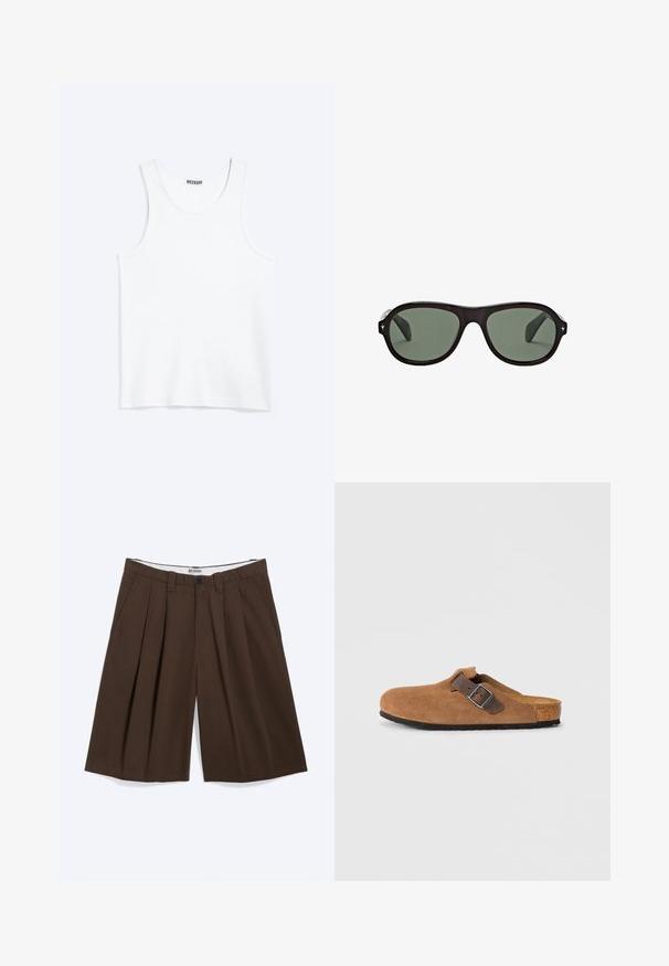 Weißes ärmelloses Tanktop mit rundem Ausschnitt und Weekday-Markenetikett auf der Innenseite des hinteren Kragens, flach auf hellem Hintergrund dargestellt.; Braune, plissierte Shorts in Kniehöhe mit Seitentaschen, Gürtelschlaufen und Knopfverschluss, mit dem Aufdruck „WEEKDAY“ am inneren Bund.; Braune Wildlederclogs mit einem verstellbaren braunen Lederriemen und einer silbernen Schnalle, ausgestattet mit einer geformten Korkfußbett und einer strukturierten Gummisohle.; Schwarze ovale Sonnenbrille mit dunkelgrünen Gläsern und kleinen silbernen sternförmigen Details an den Rahmenkanten.