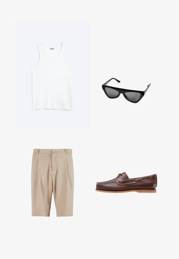 Hvid ærmeløs tanktop med rund halsudskæring og Weekday-mærke på den indvendige baghals, vist fladt på lys baggrund.; Beige skræddersyede shorts med plisseringer, der har en knaplukning og klassisk design. Glat tekstur, knælængde og ingen synlige lommer.; Brun læder bådsko med hvide sømme, snøre detaljer og lysbrun gummisål, vist fra siden på hvid baggrund.; Sorte katteøje-solbriller med tykke stel og mørkt farvede linser, vist mod en hvid baggrund.