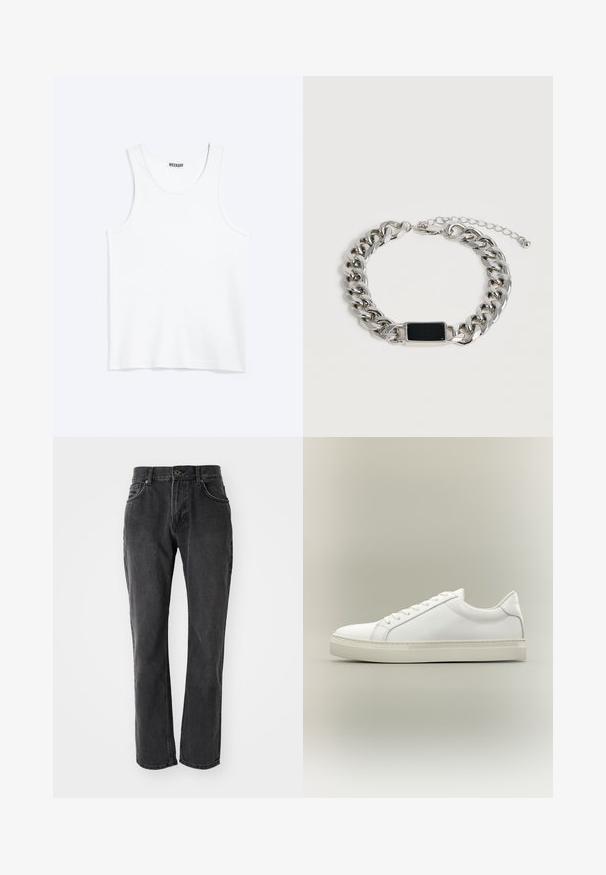 Weißes ärmelloses Tanktop mit rundem Ausschnitt und Weekday-Markenetikett auf der Innenseite des hinteren Kragens, flach auf hellem Hintergrund dargestellt.; Schwarze Denim-Jeans mit geradem Schnitt, ausgestattet mit fünf Taschen, einem Knopfverschluss und genähten Details entlang der Nähte und Taschen.; Weißer Sneaker mit niedrigem Schaft, vorn mit Schnürung und dicker Sohle, aus der Seitenansicht vor neutralem Hintergrund.; Silberner Kettenarmband mit schwarzer rechteckiger Platte und verstellbarem Verschluss auf hellem Hintergrund.