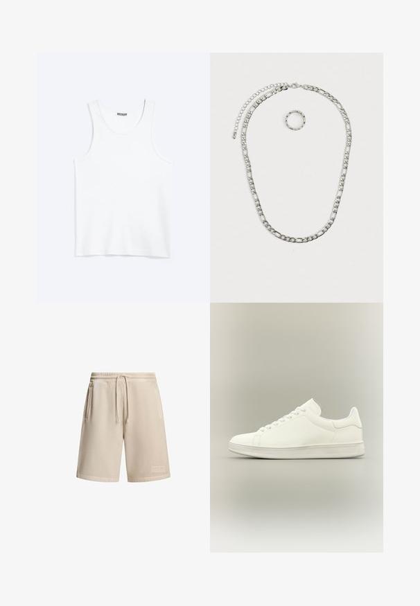 Hvid ærmeløs tanktop med rund halsudskæring og Weekday-mærke på den indvendige baghals, vist fladt på lys baggrund.; Beige shorts lavet af en bomuldsblanding med elastisk talje og snøre, med to sidelommer og et lille logo patch på kanten.; Minimalistisk hvid lavtop sneaker med snørebånd, glat læderoverdel og tekstureret gummisål vist på neutral baggrund.; Sølvfarvet smykkesæt bestående af en tyk kædene med en hummerlås og en tilhørende tekstureret ring. Begge dele er skinnende og metalliske.