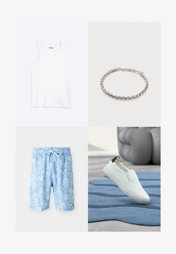 Débardeur blanc sans manches avec col rond et étiquette de la marque Weekday à l'intérieur du col arrière, présenté à plat sur un fond clair.; Shorts de bain bleu clair avec un motif abstrait blanc, taille élastique et cordon de serrage. Logo sur le devant à gauche et fentes sur les côtés à l'ourlet.; Chaussure blanche sans lacets avec une surface texturée, talon noir contrastant, semelle en caoutchouc plate, et un design épuré, posée sur un tapis bleu.; Bracelet en chaîne torsadée en argent avec un fermoir mousqueton et des maillons ajustables sur un fond blanc uni.