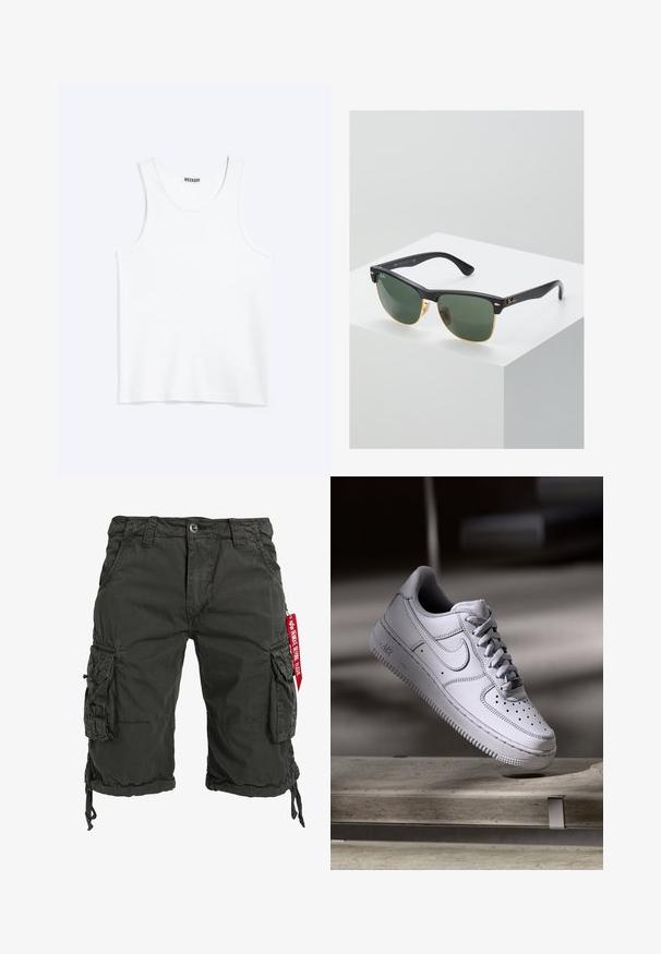 Débardeur blanc sans manches avec col rond et étiquette de la marque Weekday à l'intérieur du col arrière, présenté à plat sur un fond clair.; Shorts cargo verts foncés en tissu durable, dotés de plusieurs poches latérales, d'un ourlet à cordon de serrage et d'une accent de tag rouge.; La basket Nike Air Force 1 en cuir blanc présente un embout perforé, des lacets plats et une semelle en caoutchouc texturée avec le logo « AIR » sur le côté.; Lunettes de soleil Ray-Ban avec des verres verts, monture en plastique noir et accents dorés sur les bords. Forme carrée avec une finition mate.