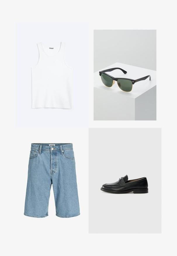 Débardeur blanc sans manches avec col rond et étiquette de la marque Weekday à l'intérieur du col arrière, présenté à plat sur un fond clair.; Shorts en denim bleu clair avec bouton et fermeture éclair à l'avant, passants pour ceinture, et poches avant et arrière.; Mocassins en cuir noir avec une finition lisse, dotés d'une bande supérieure texturée, d'un talon bas et de détails de couture minimalistes.; Lunettes de soleil Ray-Ban avec des verres verts, monture en plastique noir et accents dorés sur les bords. Forme carrée avec une finition mate.