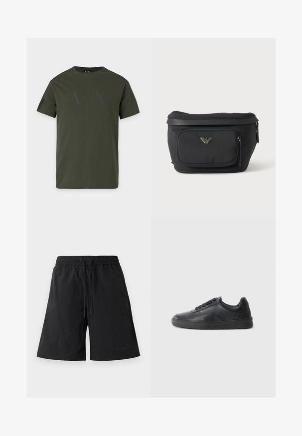 Tmavozelené tričko s krátkym rukávom a okrúhlym výstrihom s jemným čiernym logom Armani Exchange vpredu.; Čierne šortky vyrobené z ľahkej tkaniny s textúrovaným povrchom, vybavené elastickým pásom a šnúrkami na nastaviteľné prispôsobenie.; Čierne kožené tenisky s hladkým povrchom, zaoblenou špičkou, texturovanou bočnou časťou a čiernymi šnúrkami. Majú plochú gumovú podrážku a minimalistický dizajn.; Čierna ľadvinka s predným vreckom na zips a strieborným logom orla, hladká látka s textúrovaným lemom a ťaháčikmi zipsu.