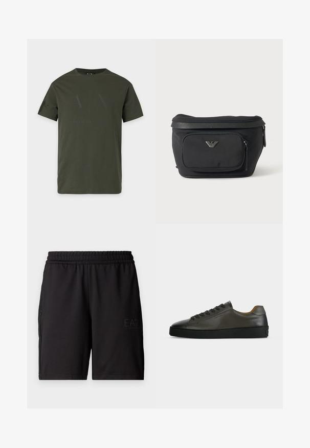 Camiseta de manga corta de cuello redondo en verde oscuro con un sutil logo negro de Armani Exchange en el frente.; Pantalones cortos deportivos negros hechos de un tejido ligero, con una cinturilla elástica y paneles laterales de malla. Logo de la marca impreso en la parte delantera.; Zapatilla baja de piel gris oscuro con cordones y suela negros, diseño minimalista, perfil lateral sobre un fondo claro y liso.; Riñonera negra con bolsillo frontal con cremallera y logo de águila plateado, tela lisa con ribete texturizado y tiradores de cremallera.