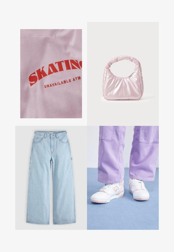 JJXX JXDELILAH TEE - Trükipildiga T-särk - pink lady; Helehallid laiade säärega teksapüksid esitaskute, vööaasade ja külgmiste tööriistatasku aasadega, paigutatud lapiti hallile taustale.; Valged sneakerid roosa aktsentidega, tekstureeritud nahast ülemine osa ja kummist põhi, millele on ühendatud heledat lillat värvi laiad püksid sinisel pinnal.; Roosa, polsterdatud käekott ümmarguse disainiga, valmistatud läikivast materjalist. Omab kogutud käepidet ja lukuga sulgemist, et tagada turvaline ligipääs.